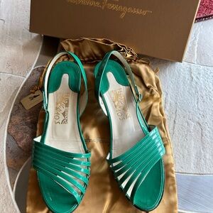 Salvatore Ferragamo Patent Green Strappy Sandals size 9